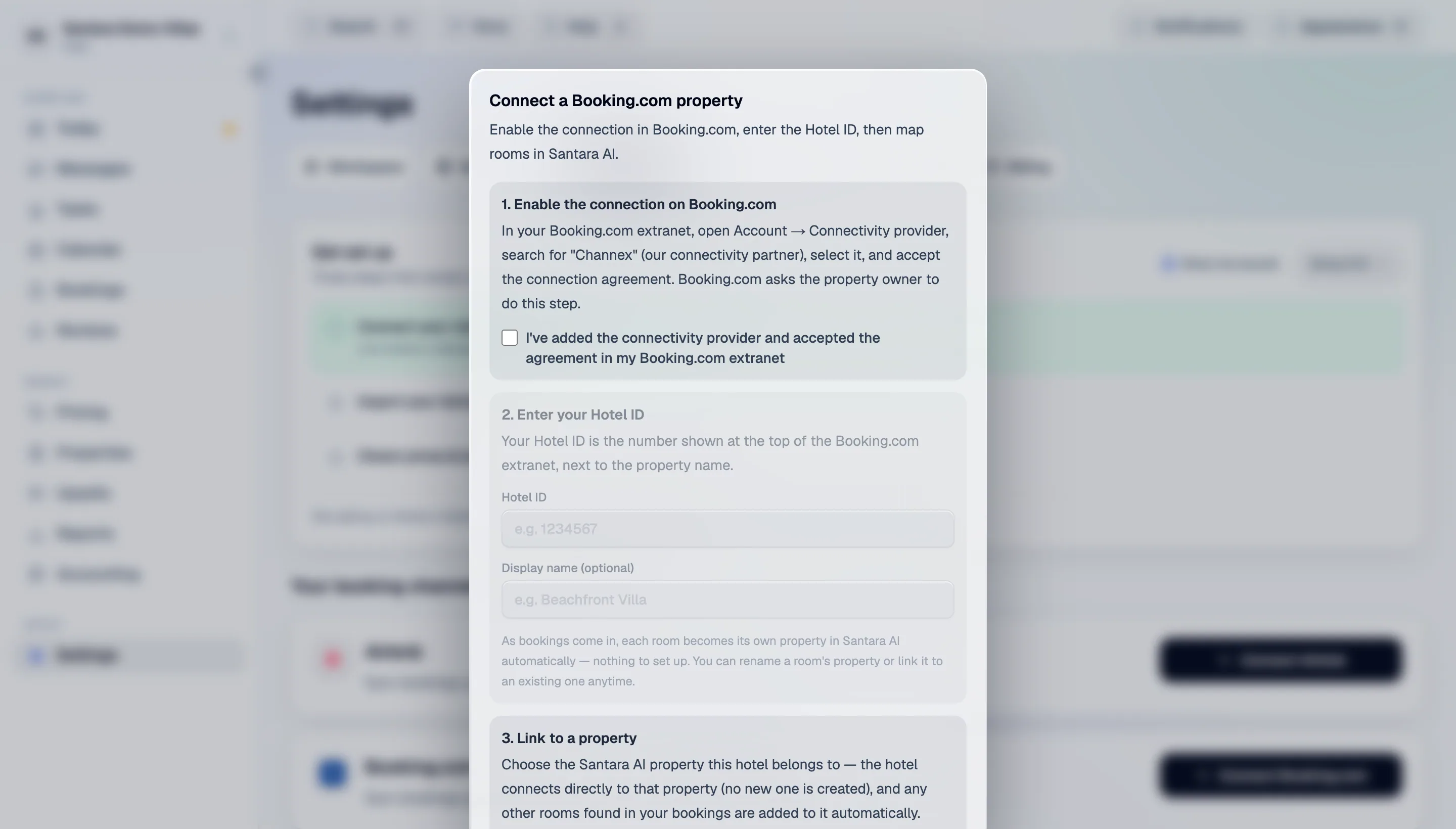 The Booking.com connect dialog — the extranet step, the Hotel ID, and the property to link it to.