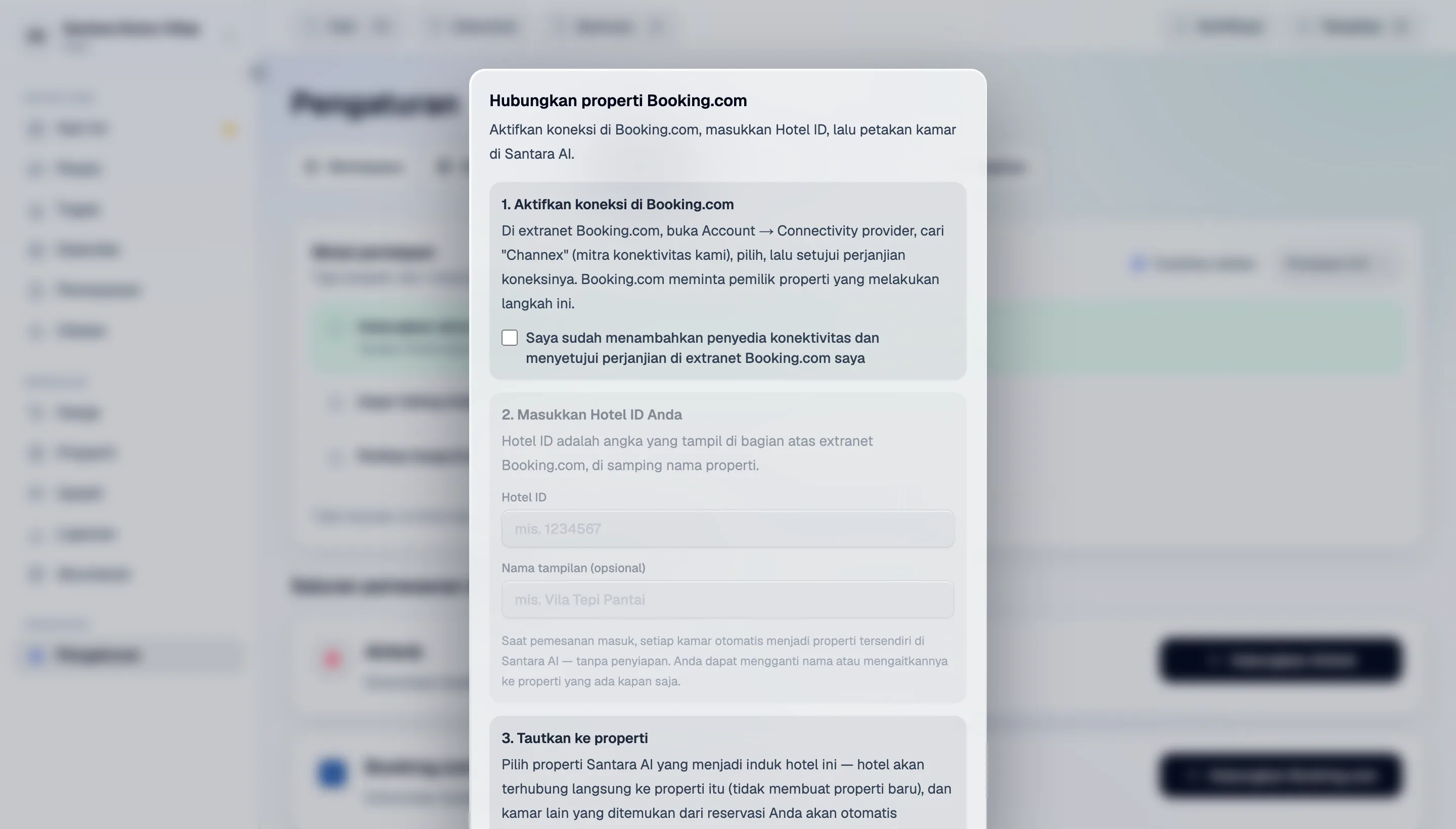 Dialog koneksi Booking.com — langkah extranet, Hotel ID, dan properti yang ditautkan.
