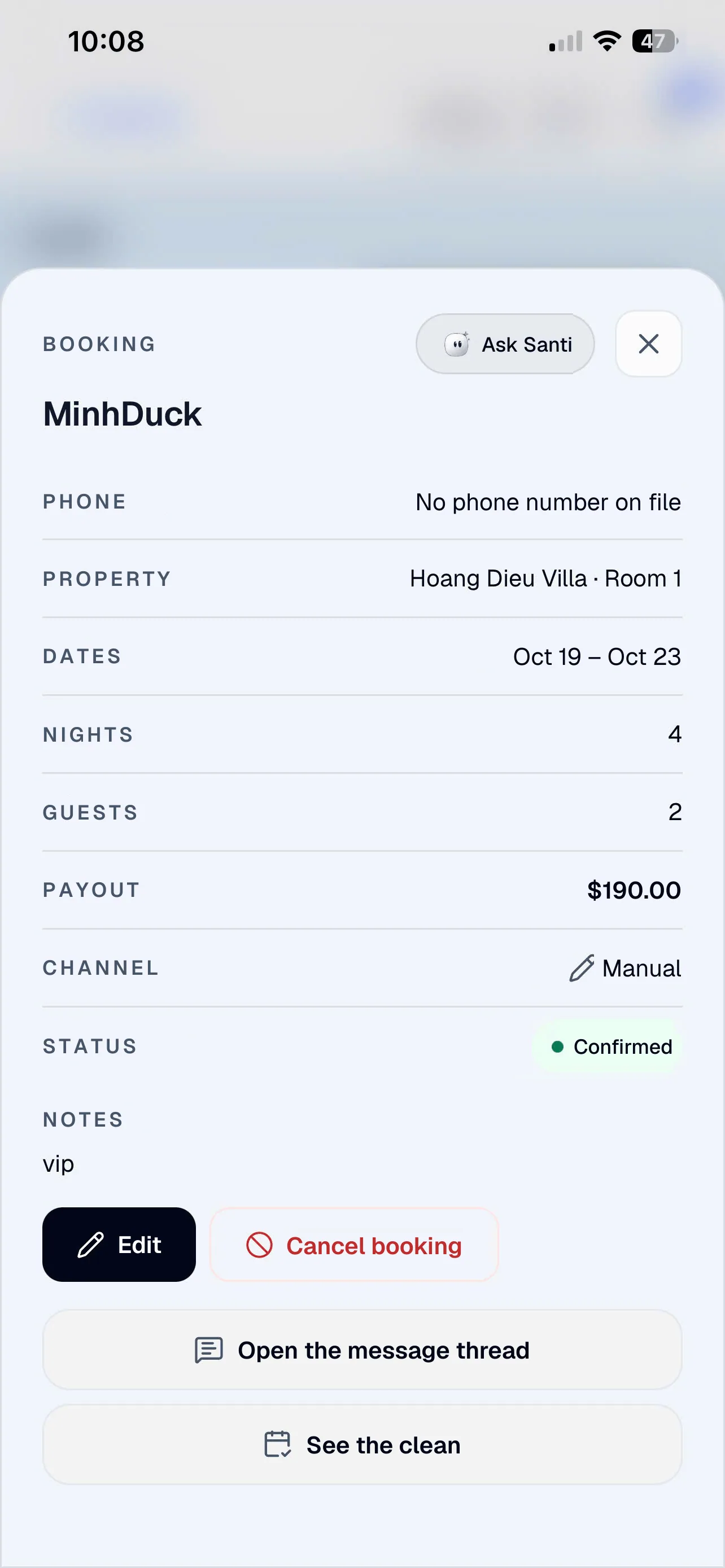 Ask Santi at the top of a booking's details