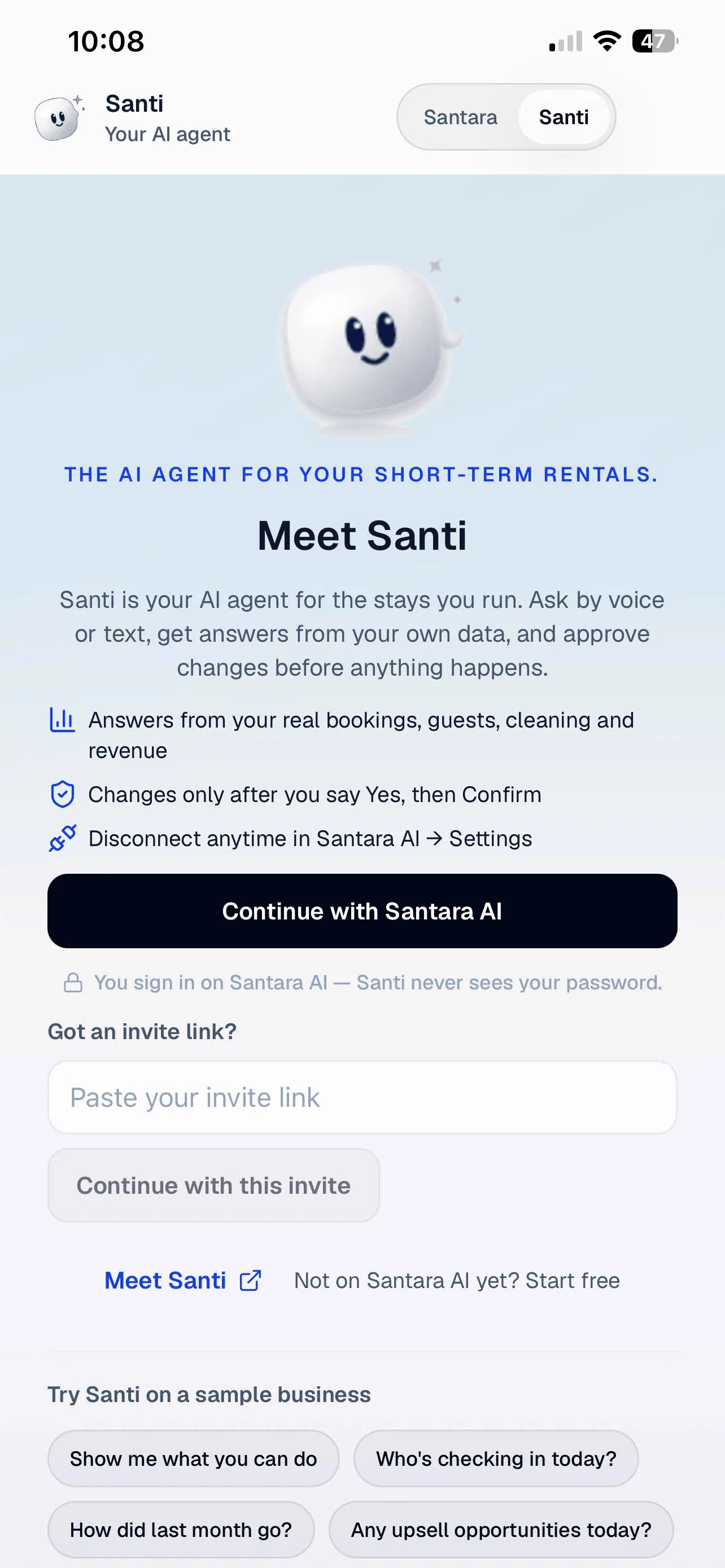 Meet Santi: connect with your Santara AI account, or paste an invite link