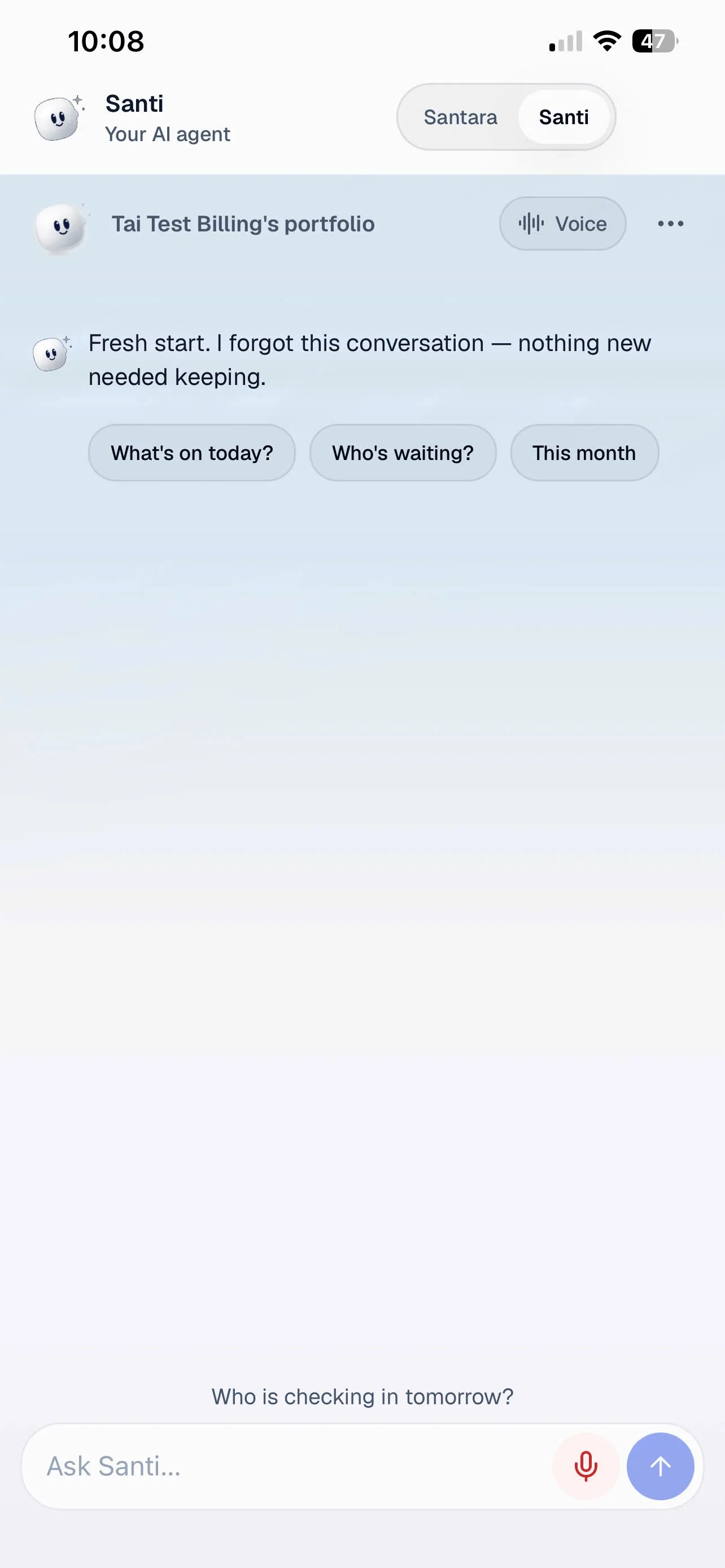 Tap to talk: the microphone turns red while Santi listens