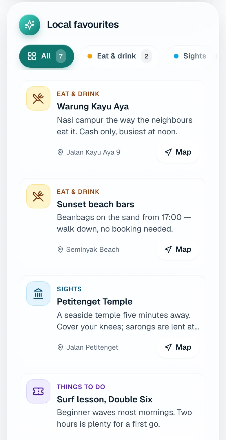 Nearby places on a guest's phone, filtered by type, in the guest's language.