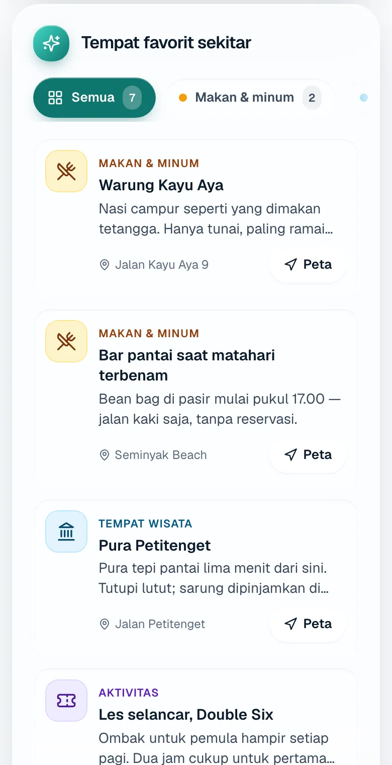 Tempat sekitar di ponsel tamu, bisa difilter menurut jenis, dalam bahasa tamu.