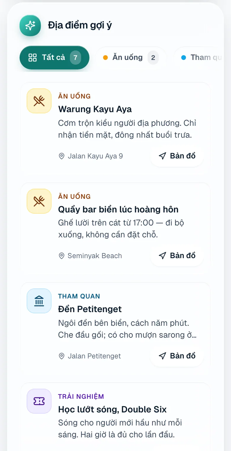 Địa điểm gợi ý trên điện thoại của khách, lọc theo loại, bằng ngôn ngữ của khách.