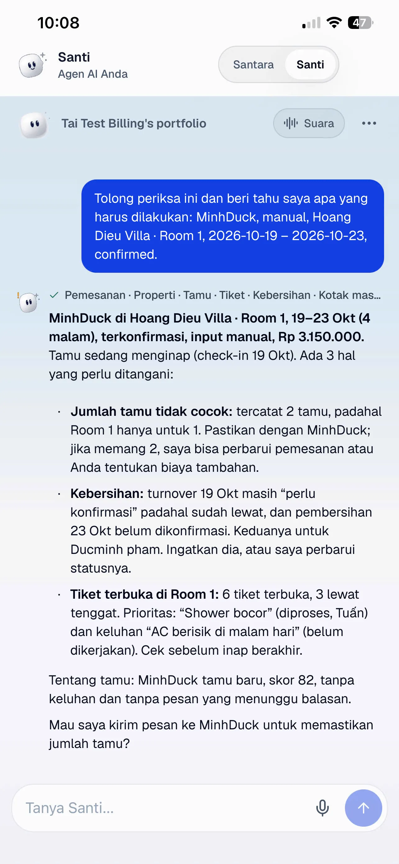 Santi mengisi detail pemesanan dan menunjukkan apa yang perlu ditangani