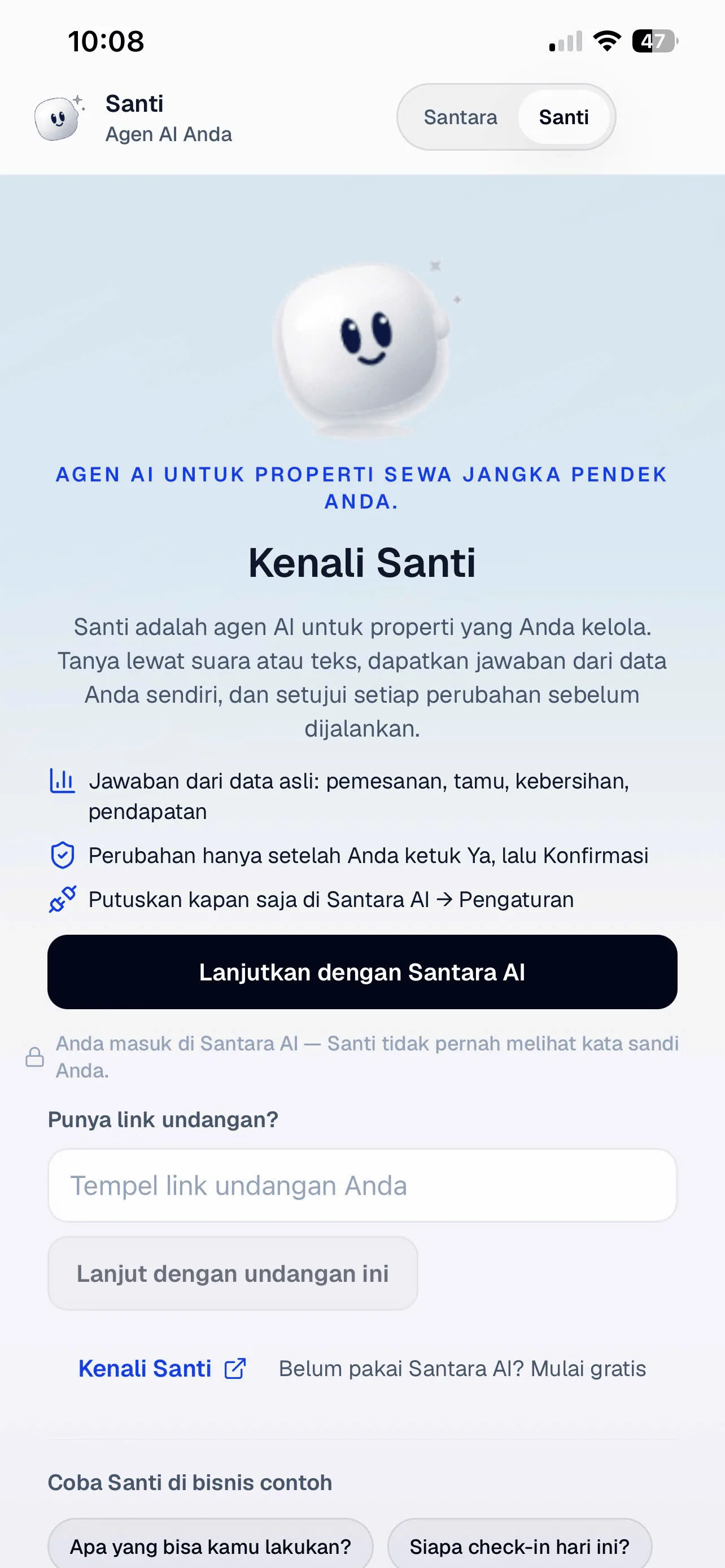 Kenali Santi: hubungkan dengan akun Santara AI, atau tempel link undangan