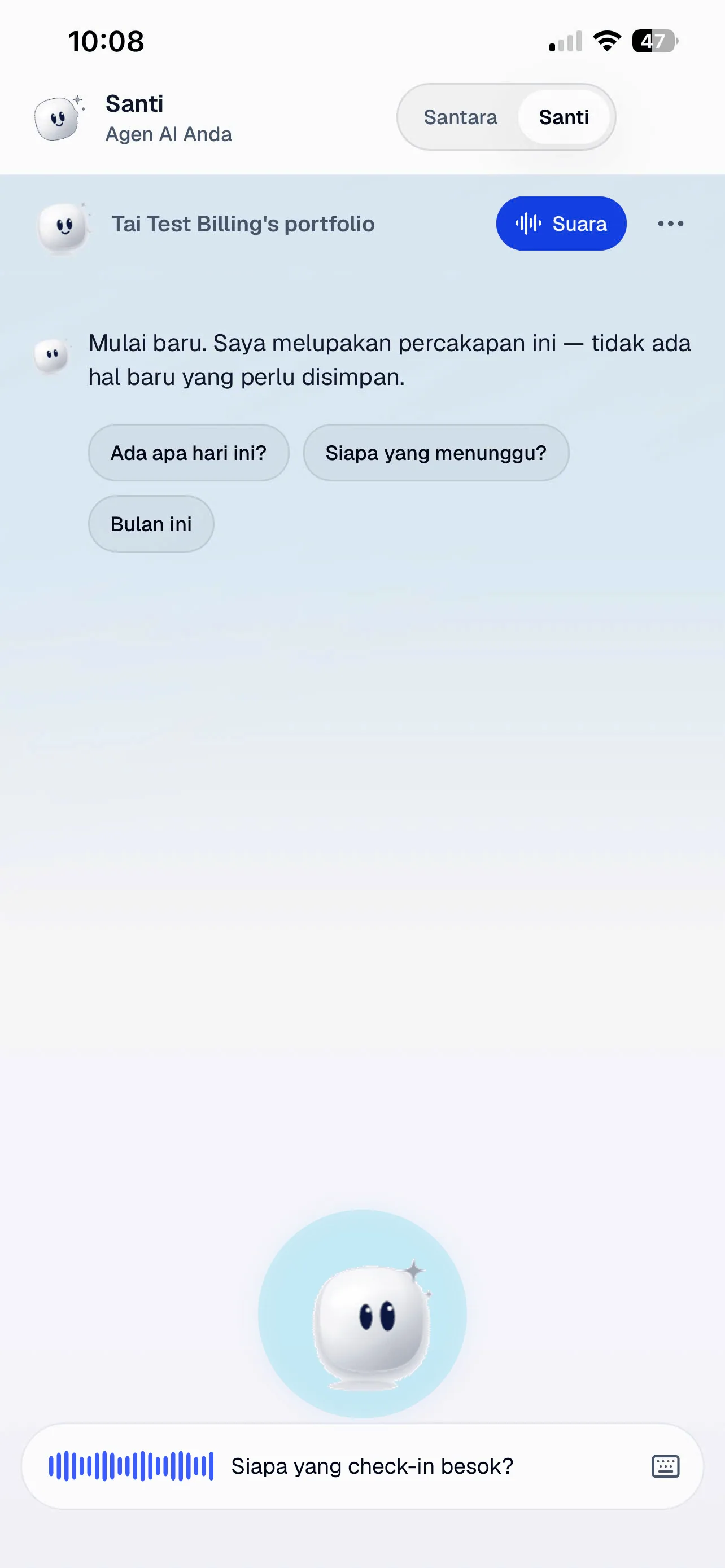 Mode suara: Santi mendengarkan, tanpa tangan