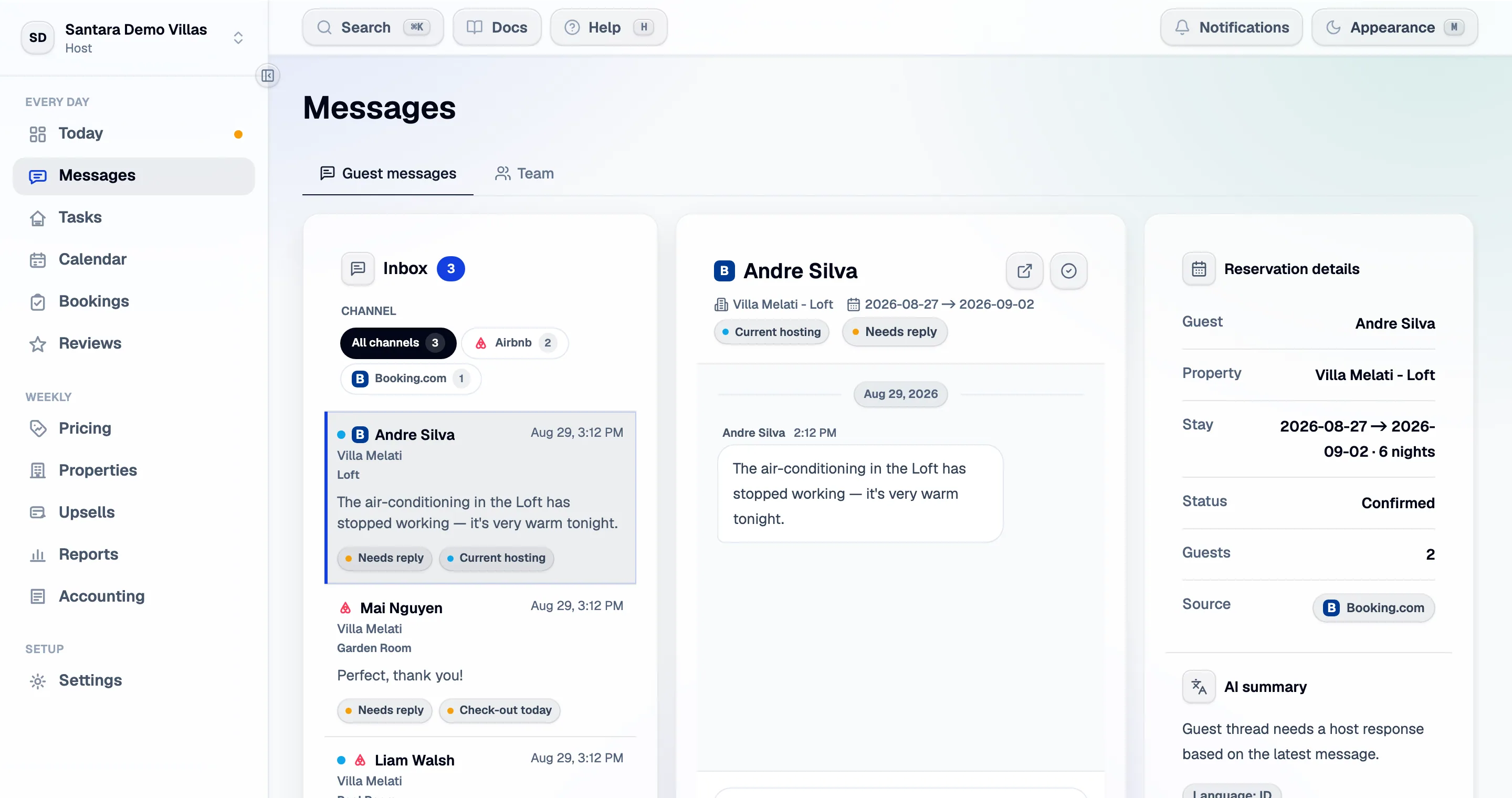 The inbox: one thread per guest conversation, ordered by what needs answering rather than by when it arrived.