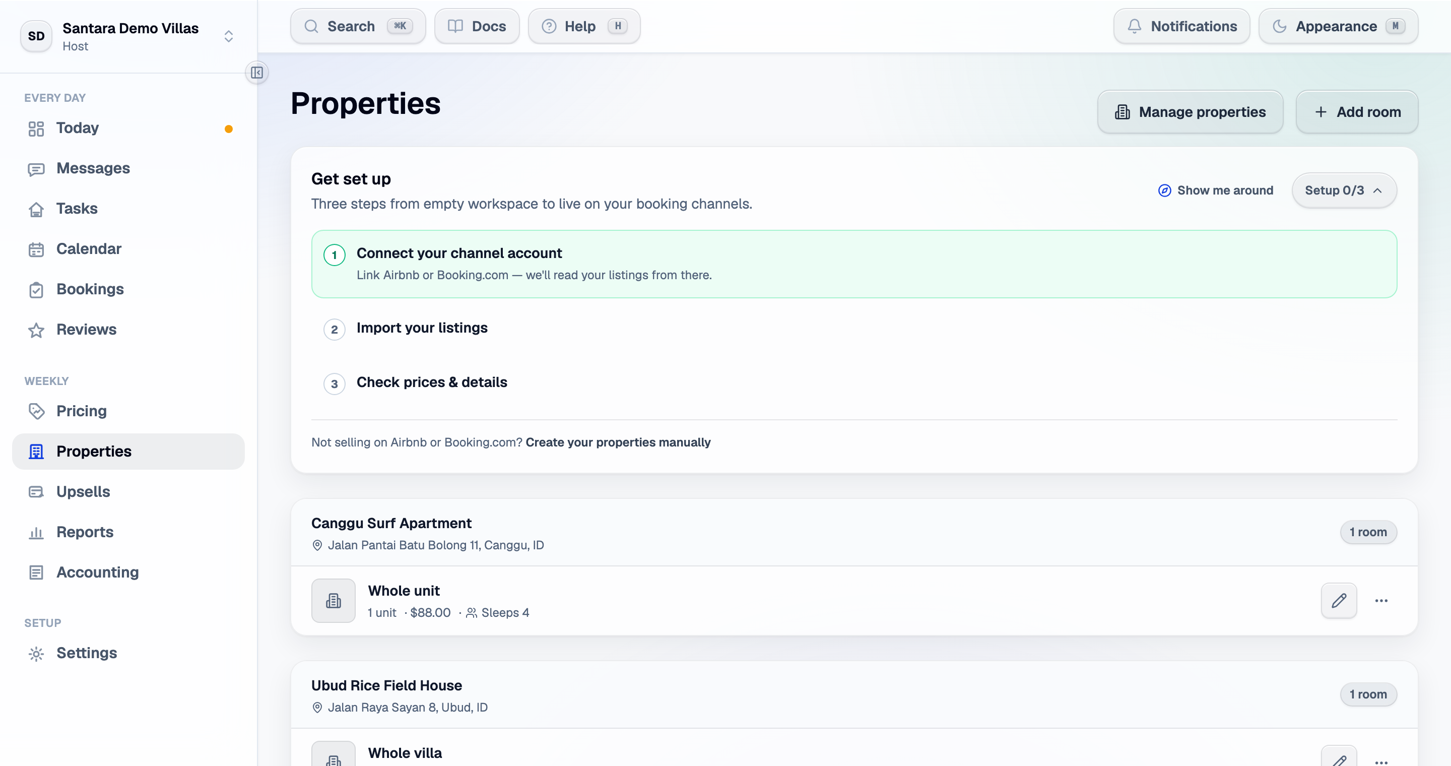 Properties: your buildings, and the rooms inside them that guests actually book.