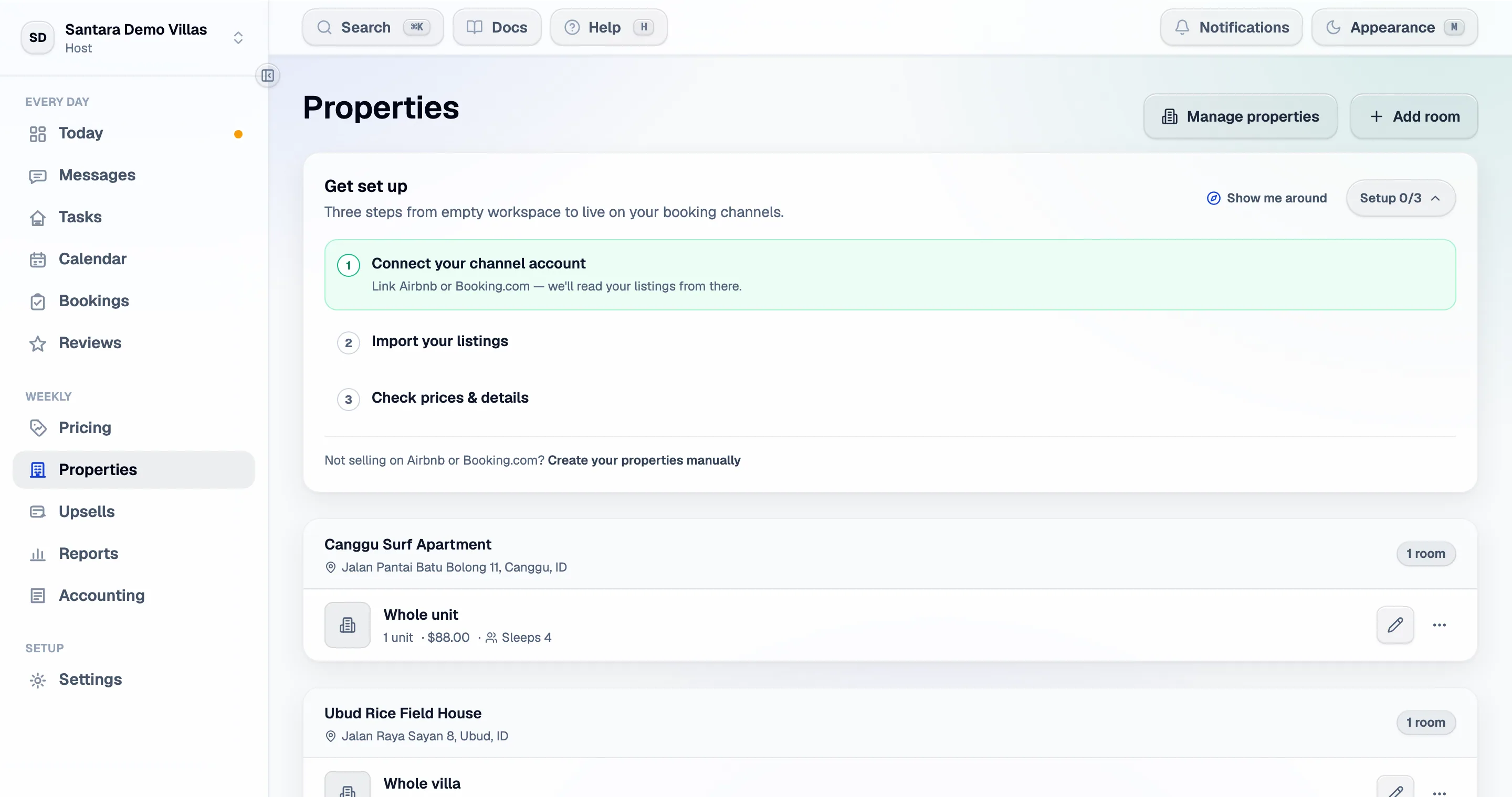 Properties: your buildings, and the rooms inside them that guests actually book.