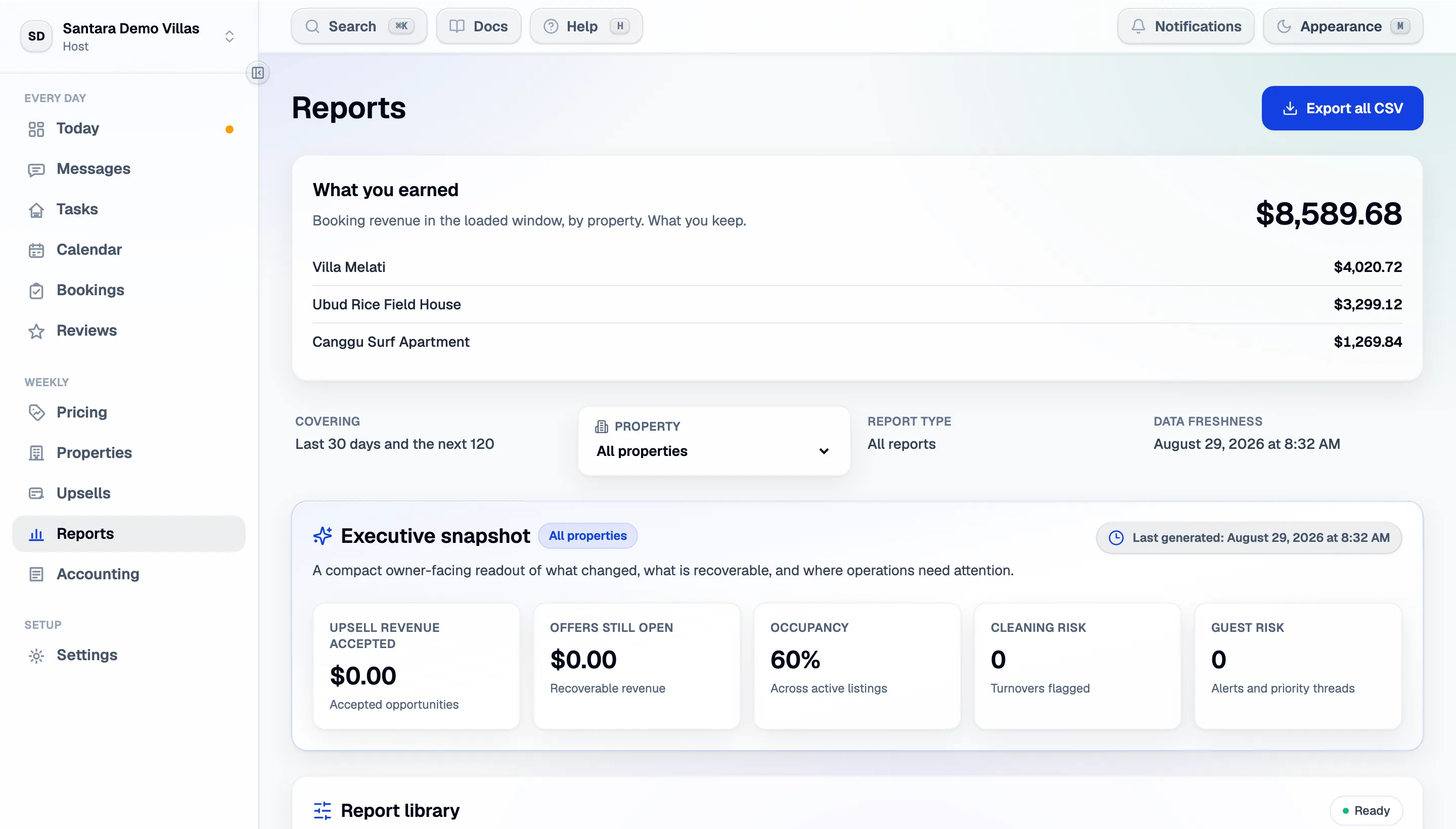 Reports: the owner-ready snapshot, and the CSVs generated from live data.