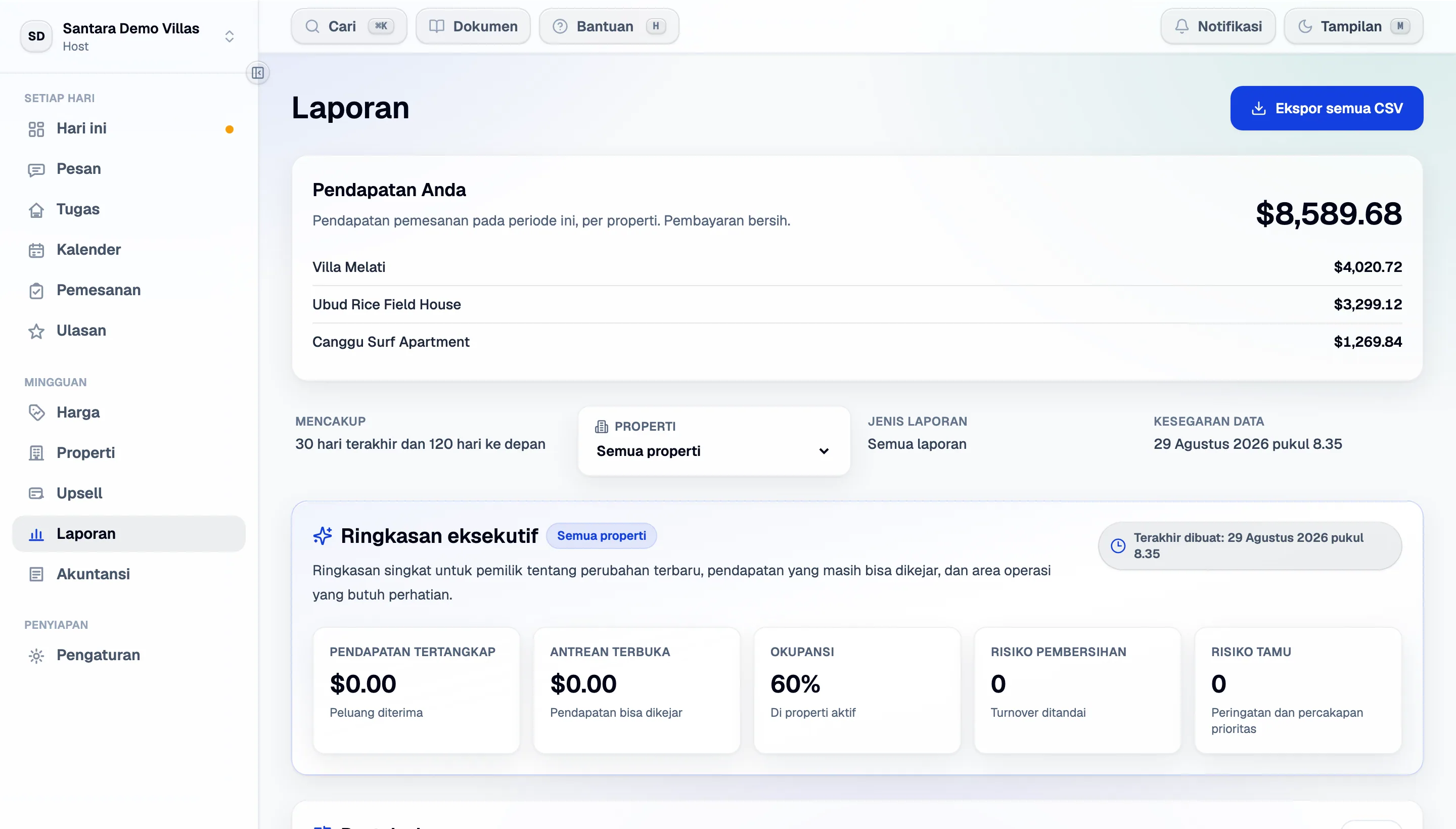 Laporan: snapshot siap kirim ke pemilik, dan CSV yang dihasilkan dari data terkini.