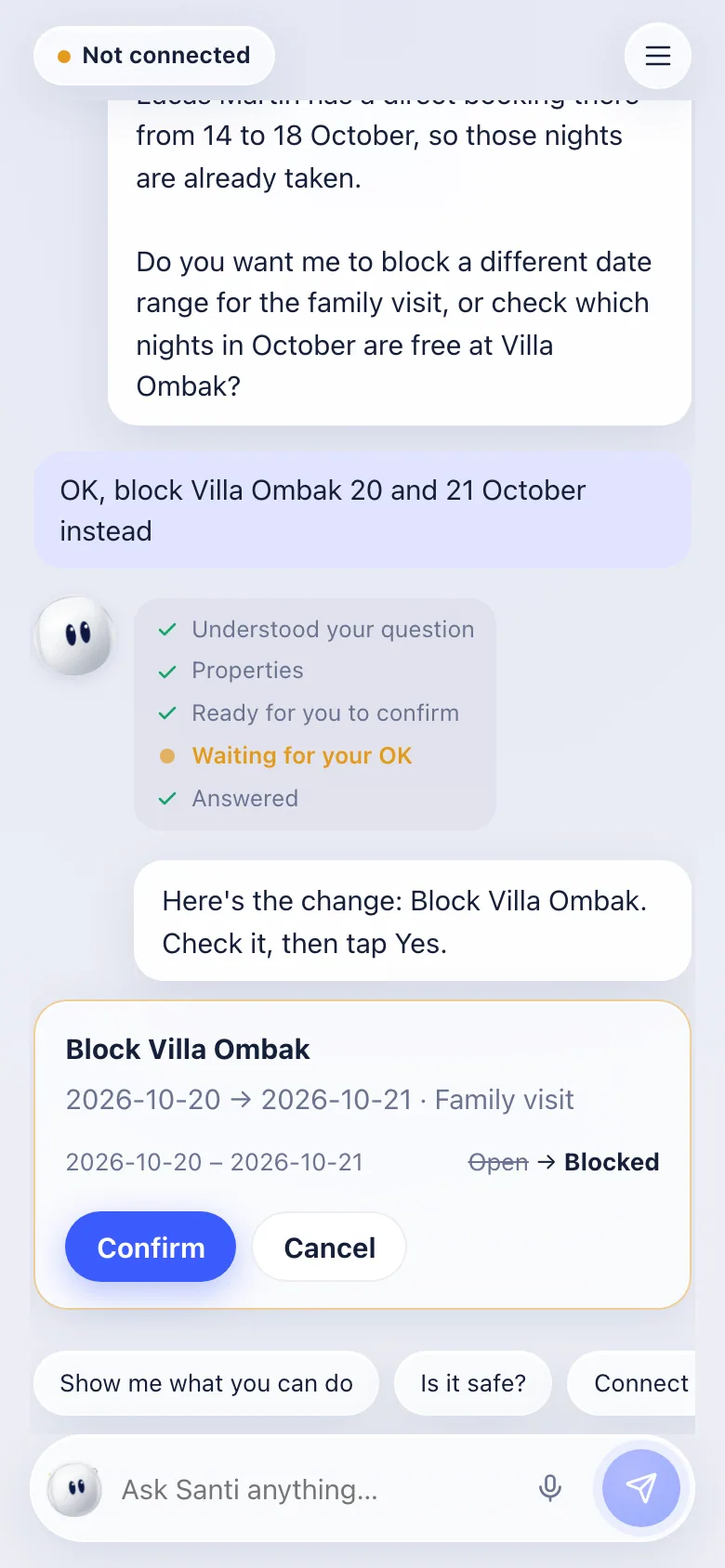 The approval card after Yes: Block Villa Ombak, 20 to 21 October, Open to Blocked, Confirm or Cancel.