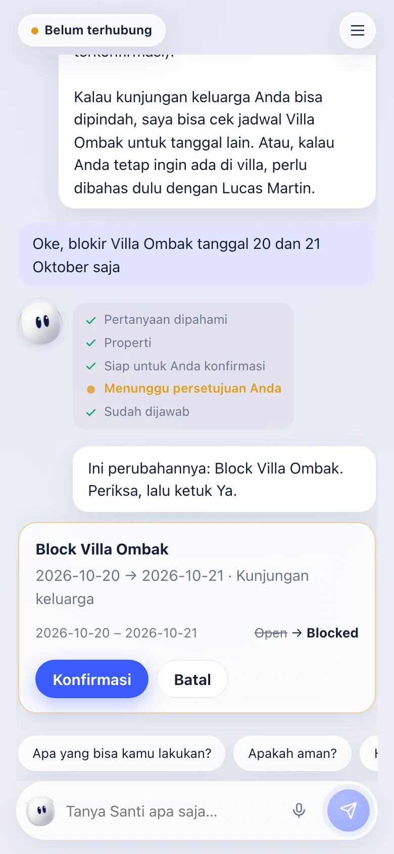 Kartu persetujuan setelah Ya: Block Villa Ombak, 20 sampai 21 Oktober, Open ke Blocked, Konfirmasi atau Batal.