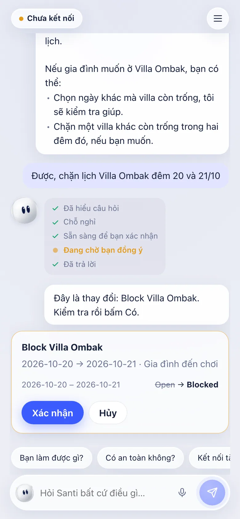 Thẻ duyệt sau khi bấm Có: Block Villa Ombak, 20 đến 21/10, Open sang Blocked, Xác nhận hoặc Hủy.