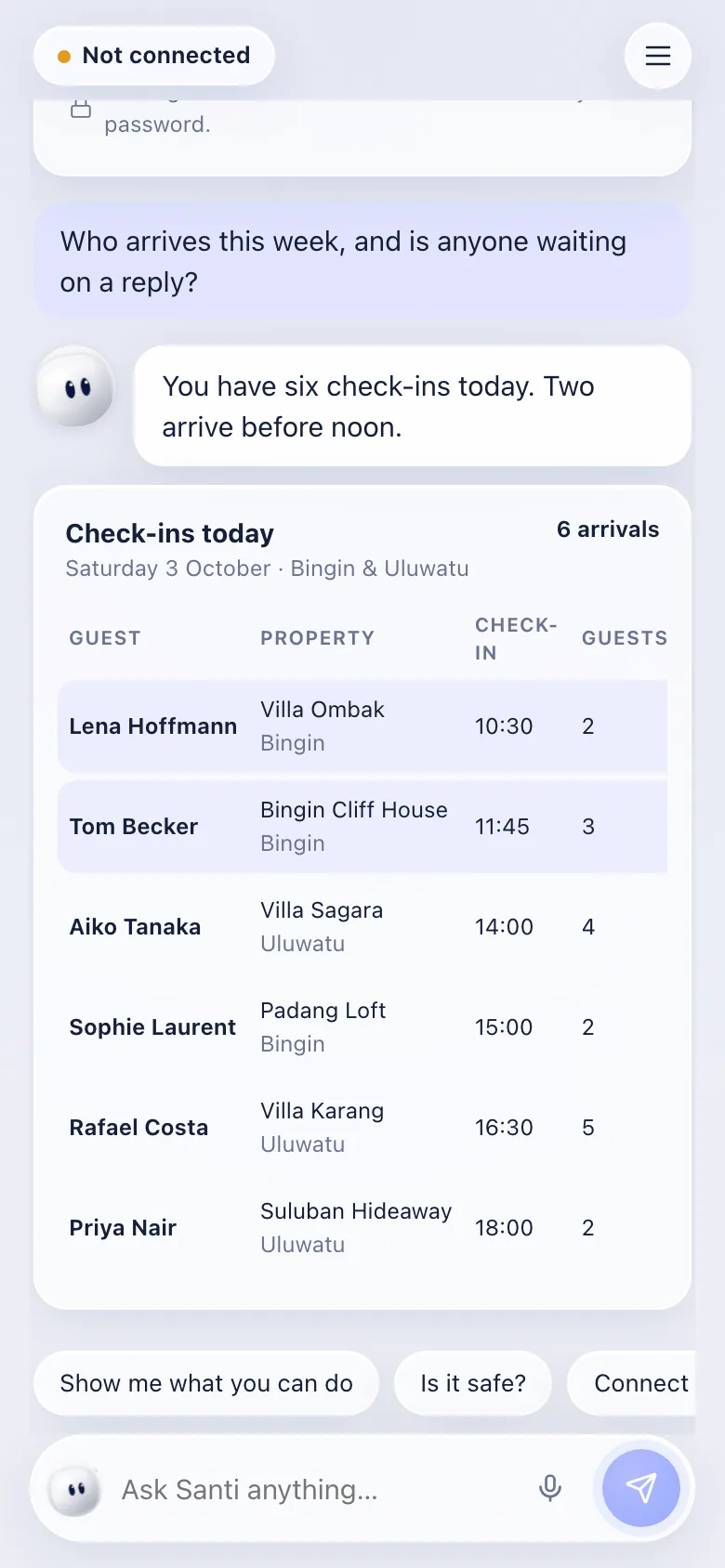 Asked who arrives this week, Santi answers in one line and lays the arrivals out as a table.