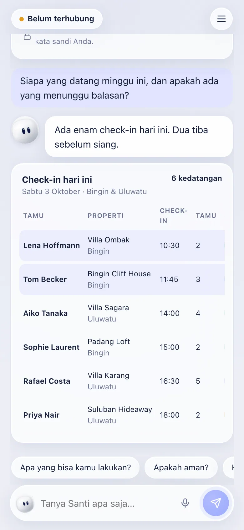 Ditanya siapa yang datang minggu ini, Santi menjawab dalam satu kalimat dan menyusun kedatangan dalam tabel.
