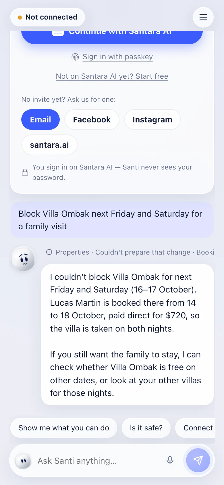Santi declines to block nights that are already booked, says who holds them, and offers options.