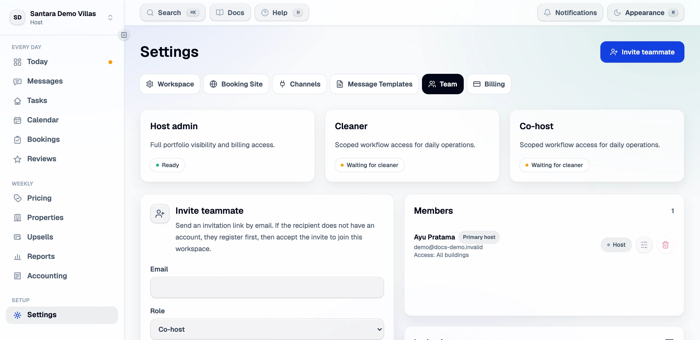 The team screen: who is in the workspace, their role, and what they can reach.