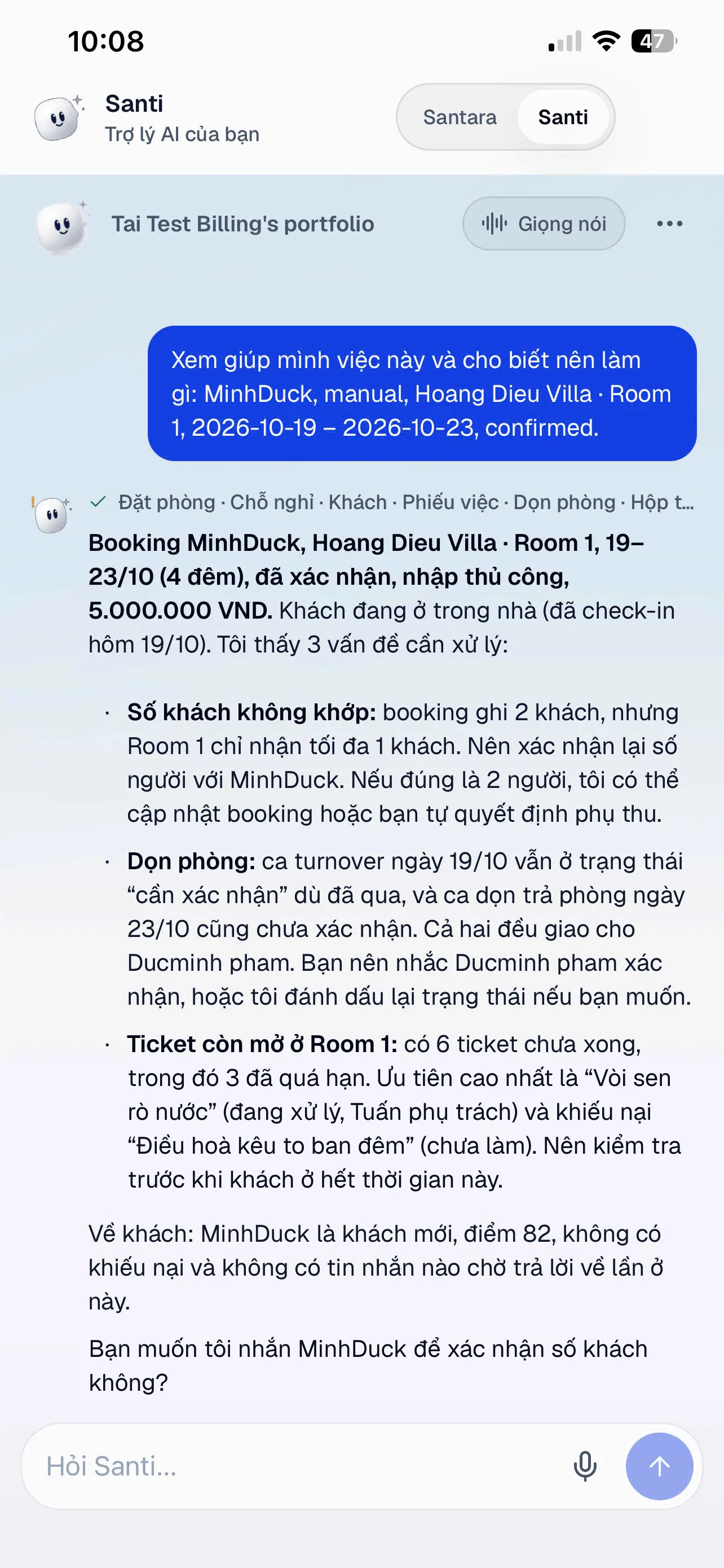 Santi tự điền thông tin đặt phòng và chỉ ra việc cần xử lý