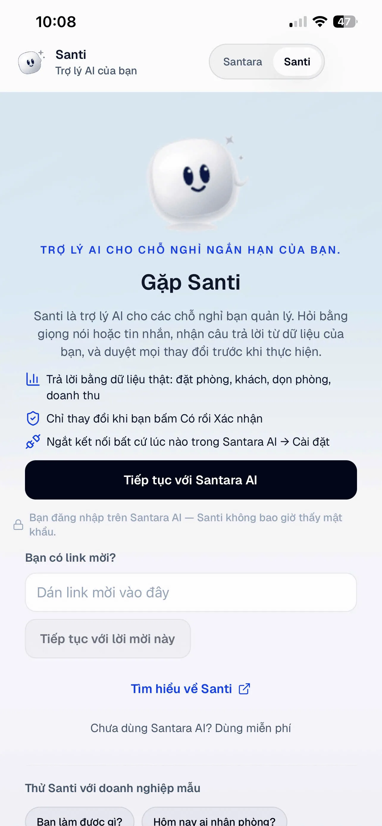 Gặp Santi: kết nối bằng tài khoản Santara AI, hoặc dán link mời