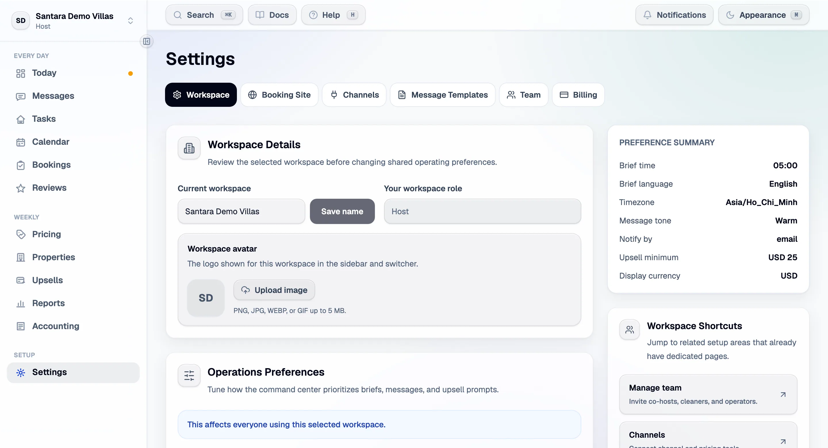 Workspace settings: the brief's time and language, timezone, currency and the rest.