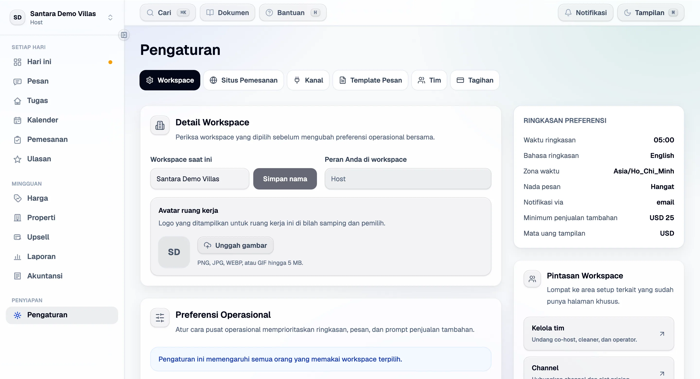 Pengaturan workspace: waktu dan bahasa ringkasan, zona waktu, mata uang, dan selebihnya.